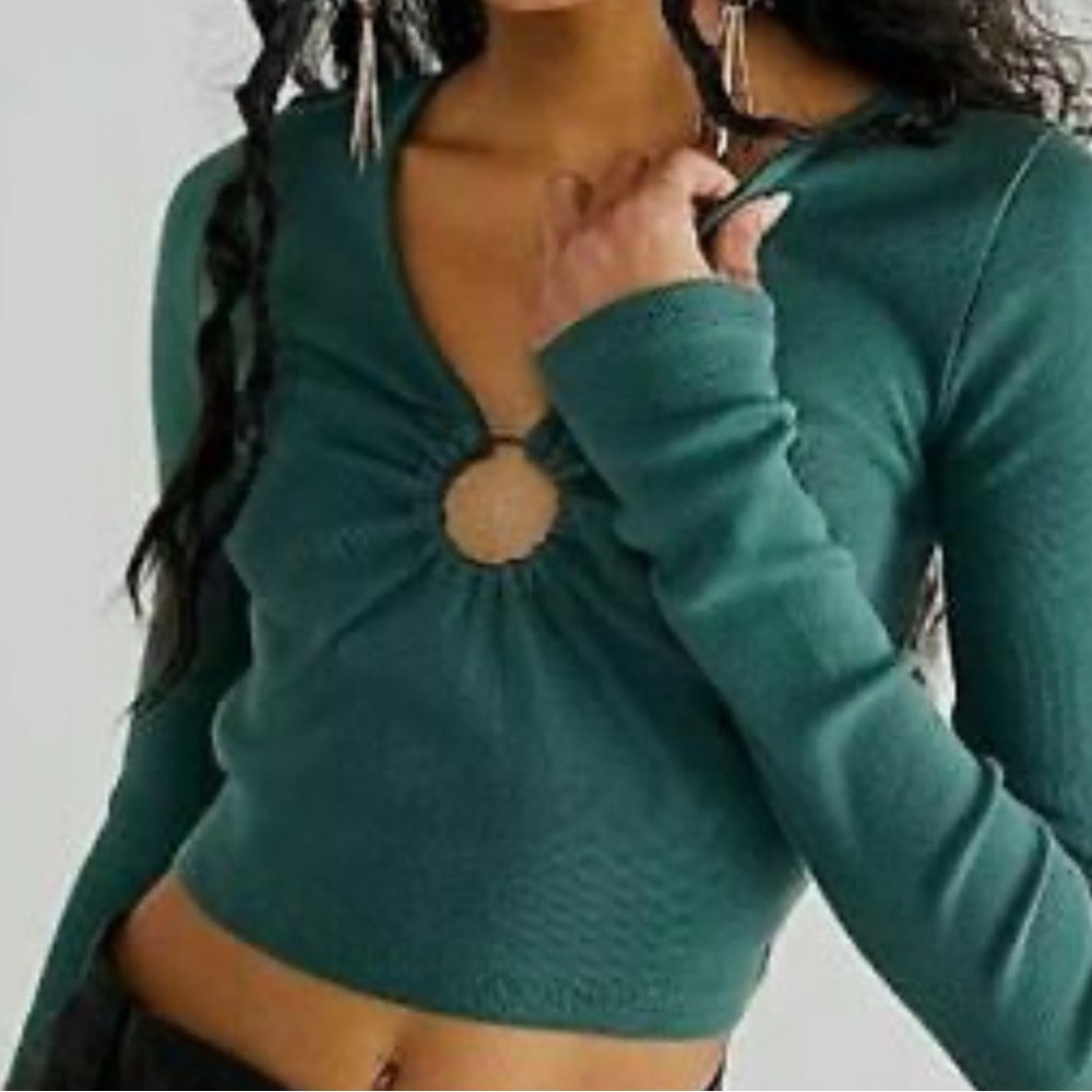 Free People Teal Long Sleeve Crop Top with Ring Detail